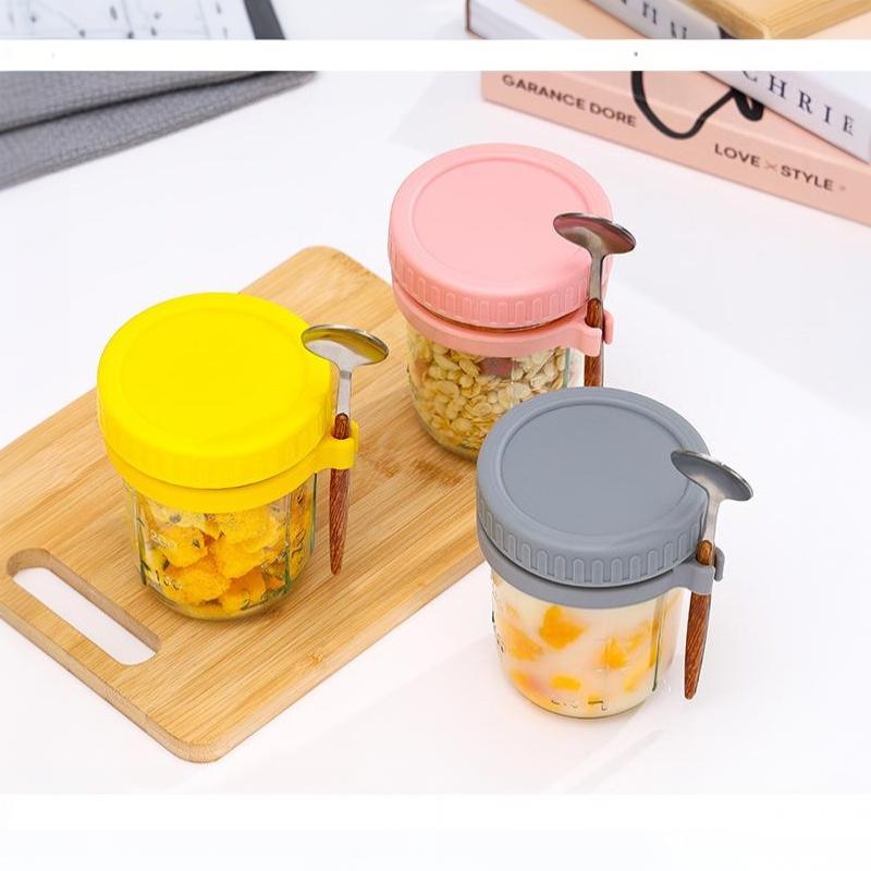 1Pcs 350Ml Reusable Glass Overnight Oats Jar With Spoon Oatmeal Container Food Storage Organizer For Breakfast