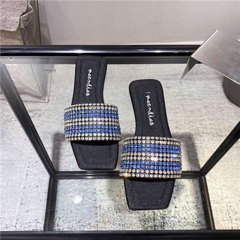 Rhinestone Flat Bottom One-word Slippers for Women To Wear 2025 Summer New Fashion Square Head Open-toed Sandals, Foreign Style Home Niche