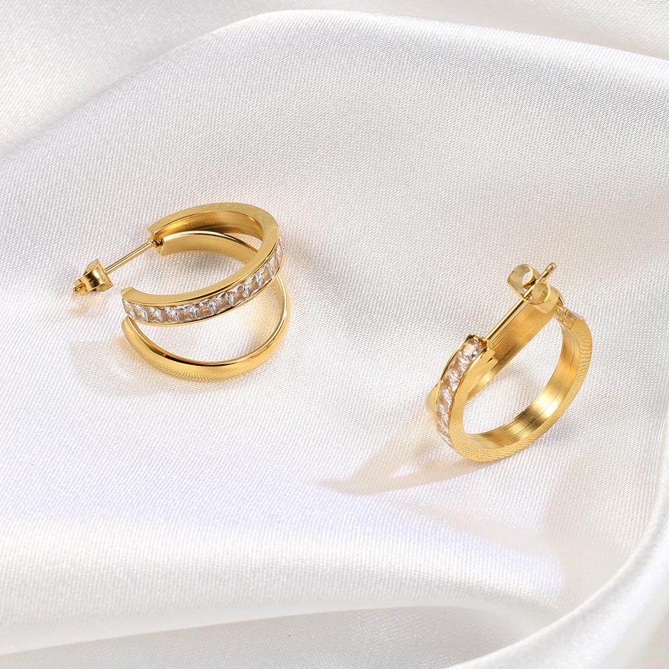 2023 Double Ring 18K Gold Diamond Stud Earrings in Titanium Steel