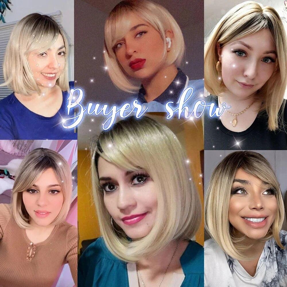 Short Straight Bob Synthetic Wigs with Bangs for Women Brown To Blonde Wig Cosplay Party Daily Heat Resistant Fiber Hair