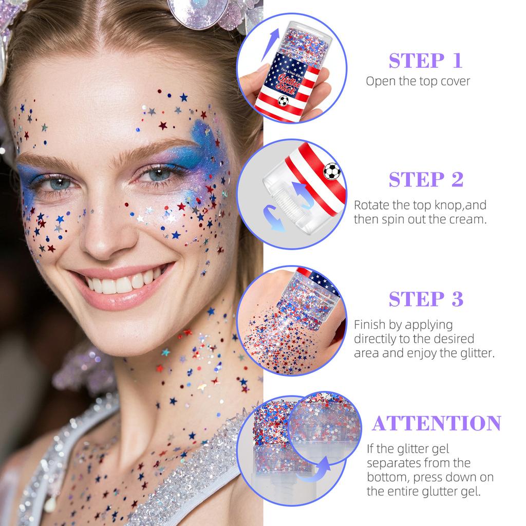 Red White Blue Glitter Gel Stick, Eye Makeup Face Hair Festival Glitter, Independence Day, Rave Party, Easy to Apply Long-Lasting Cosmetic Glitter