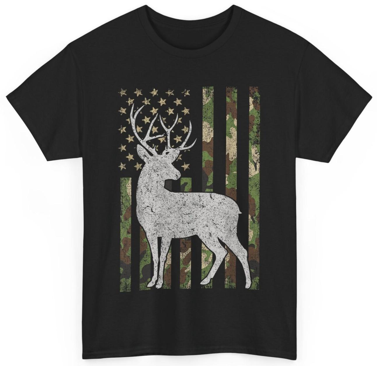 Whitetail Buck Deer Hunting American Camouflage USA Flag T-shirt L