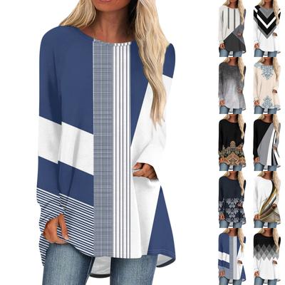 Camiseta holgada informal de manga larga con cuello redondo para mujer, otoño e invierno