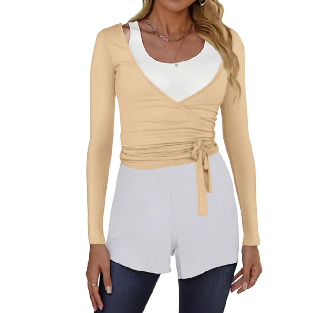 Women’s Long Sleeve Wrap Front Ballet Cardigan with Adjustable Waist Tie and Thumbhole Cuffs for Dance Yoga Layering