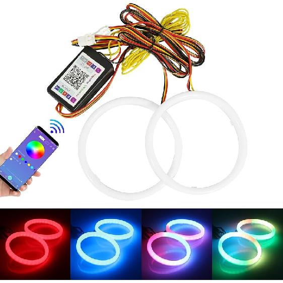 Qasim Angel Eyes Halo Rings Cotton Lights 12V 70MM RGB LED Universal for Car Scooter Motorcycle DRL Fog Light Turn Signal Light APP Bluetooth Control