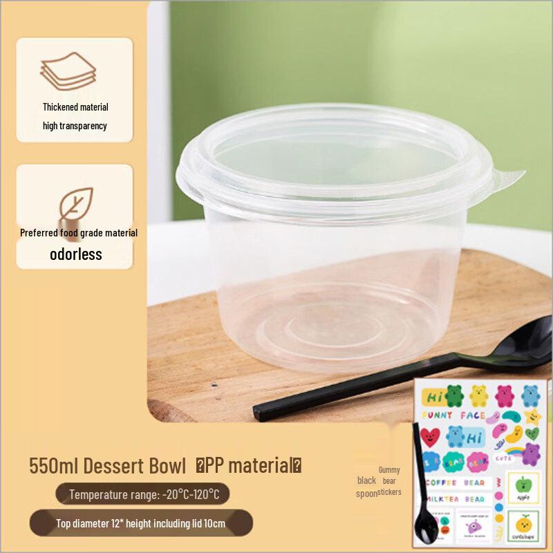 Meidi 550ml Plastic Dessert Bowls with Lids, Spoons & Stickers (20 Sets)