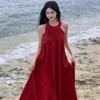 Sanya Small French Vacation Style Sleeveless Neck Red Dress Seaside Vacation Atmosphere Beach Dress