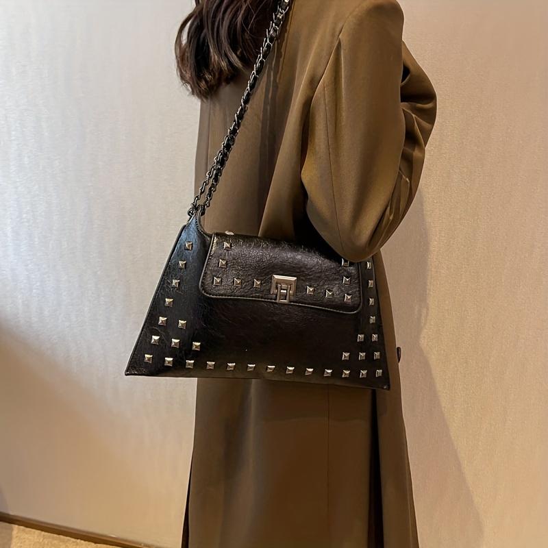 Golden Leather Texture Single Shoulder Casual Women's Hand-held Bag - Vintage Rivets Armpit Slung