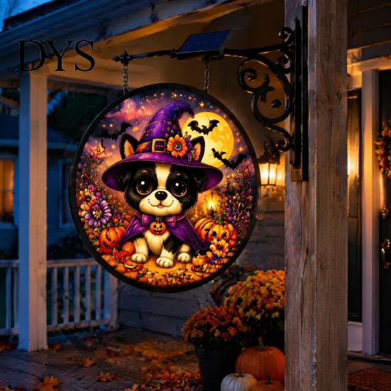 Entryway Holiday Decor Solar Halloween LED Hanging Sign Light, Outdoor Waterproof Lighted Handcrafted Resin Signs for Porch Yard Garden Halloweens