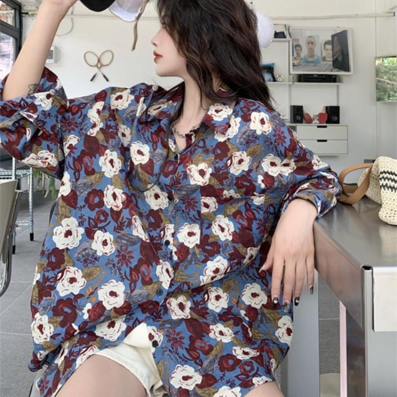 Port-style Floral Shirt for Women Retro Long-sleeved Loose and Lazy-style Printed Top Coat