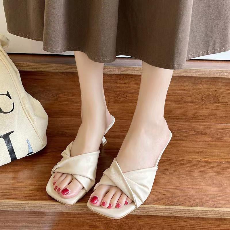 Mules Talon Bas Style Français pour Femmes, Sandales à Enfiler à Talon Bas Stiletto à Une Bride, Sandales Élégantes pour Fête en Plein Air