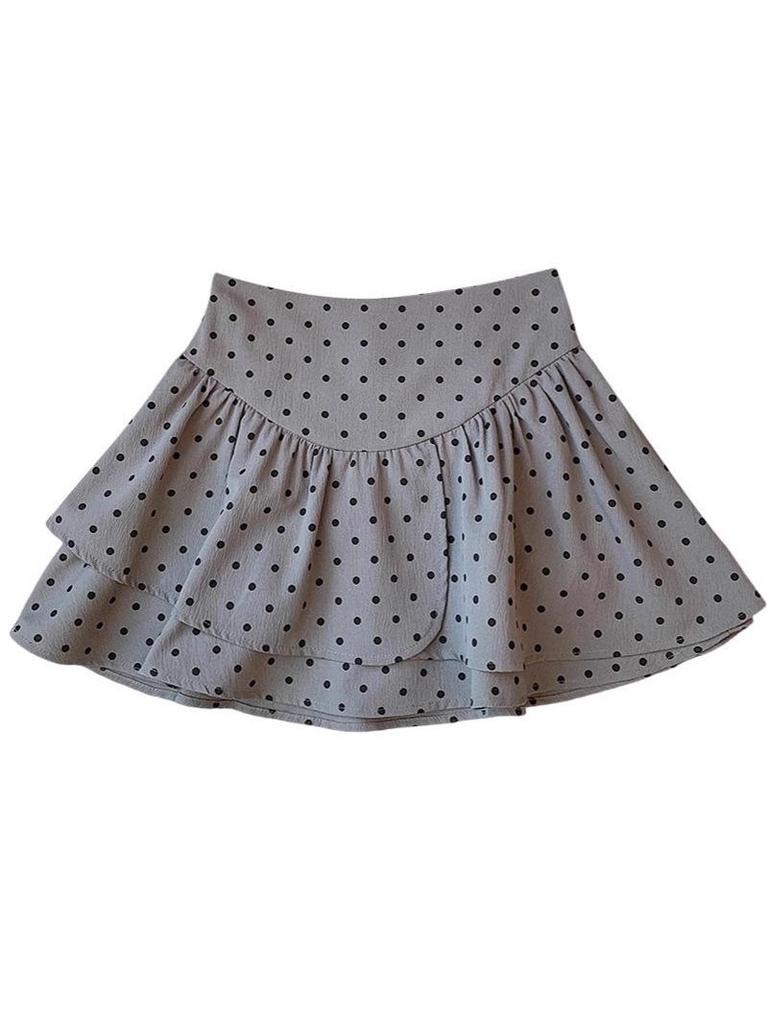 Women's Gray Polka Dot Ruffled Mini Skirt - High Waist, Fluffy, Slimming, Irregular Hem