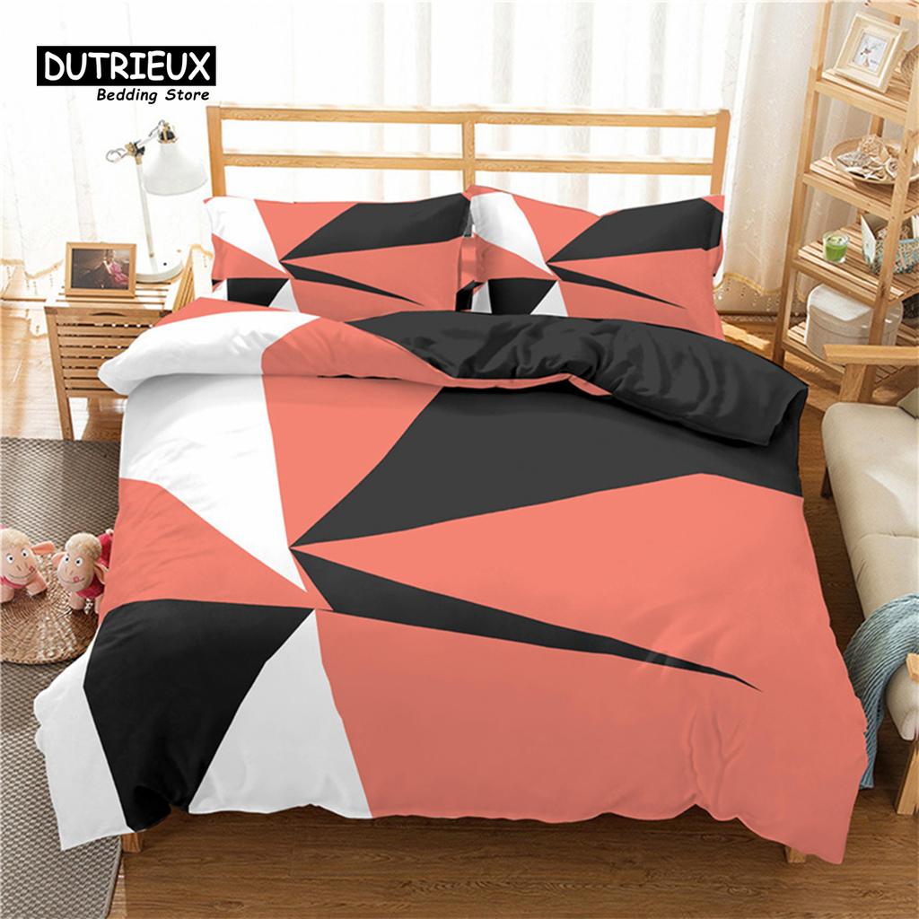 Modern Pink Geometric Bedding Set Soft Microfiber Black Marble Triangles Print Duvet Cover King With Pillowcases Bedroom Decor