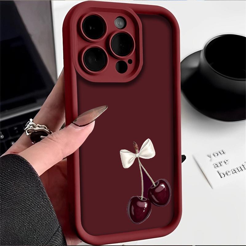 Wine Red Cherry Pattern Phone Case Suitable for iPhone 17 16 15 14 13 12 11 Pro/Max/Plus Anti Drop and Shockproof Back Cover