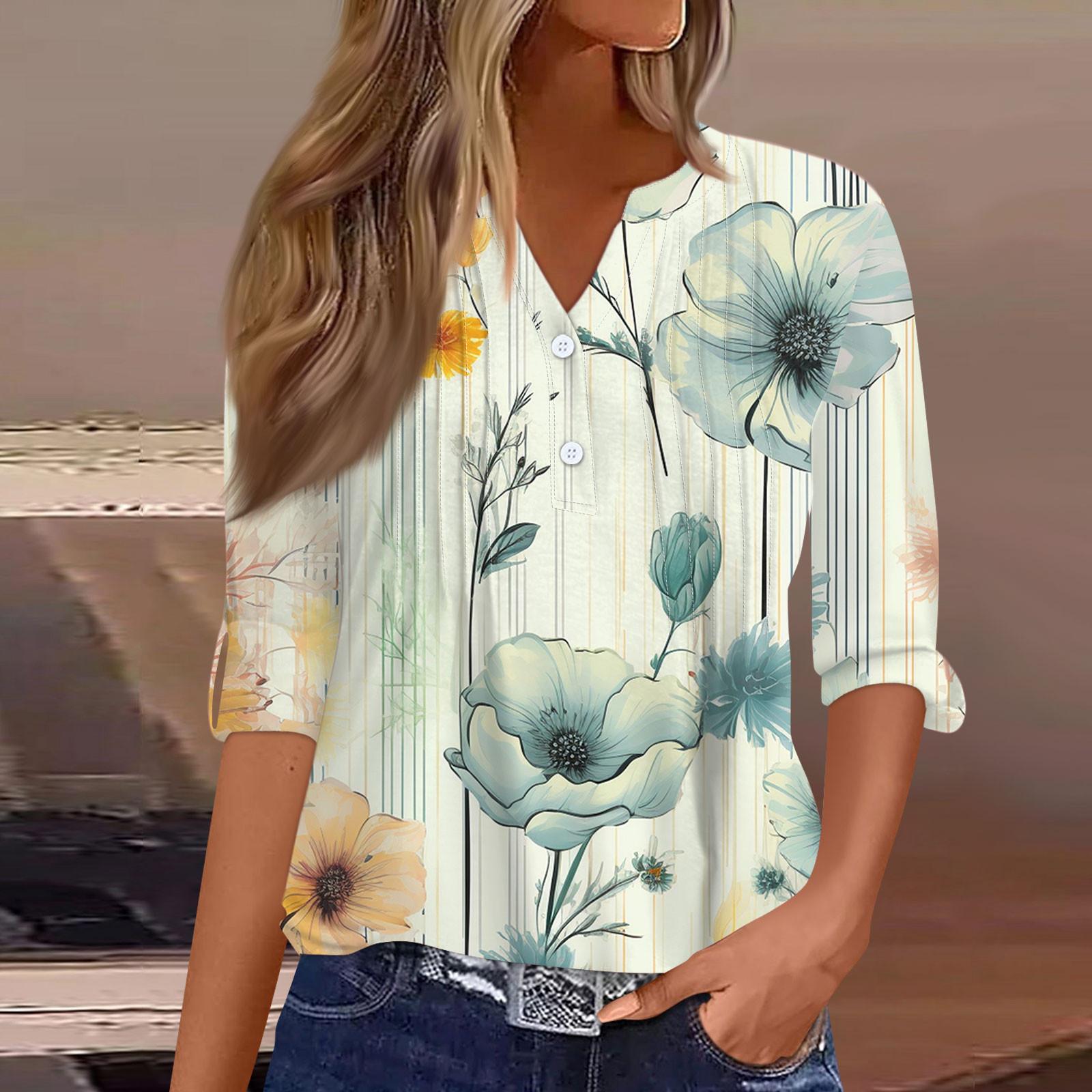 

Женская модная повседневная футболка с v-образным вырезом и длинным рукавом с принтом, топ на пуговицах L бежевый