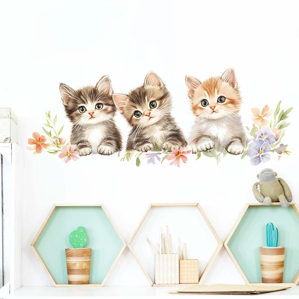 Cartoon Cute Three Kittens Wall Sticker Kids Room Living Room Wall Decoration Self-Adhesive Home Decor