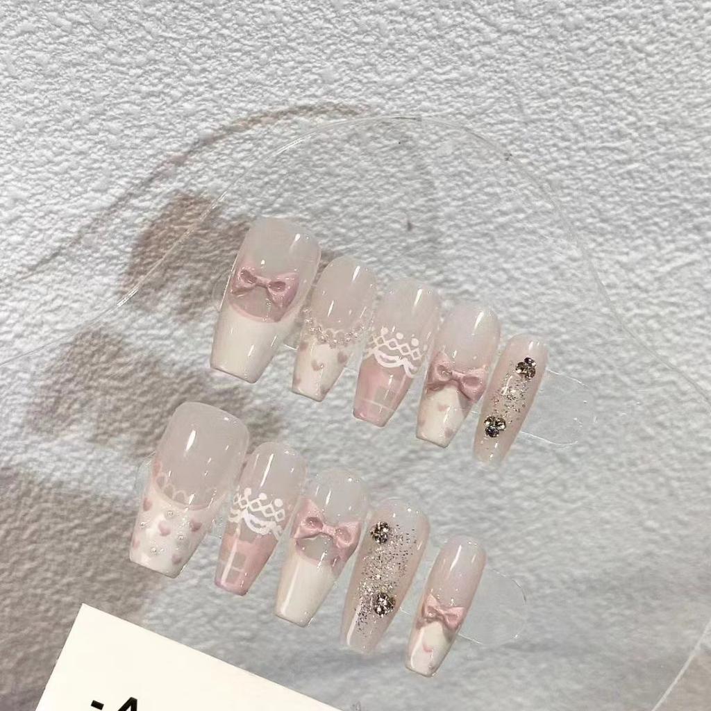 10pcs Sweet Pink French Press On Nails With 3D Bowknot Glossy Medium Coffin False Nails Handmade Manicure
