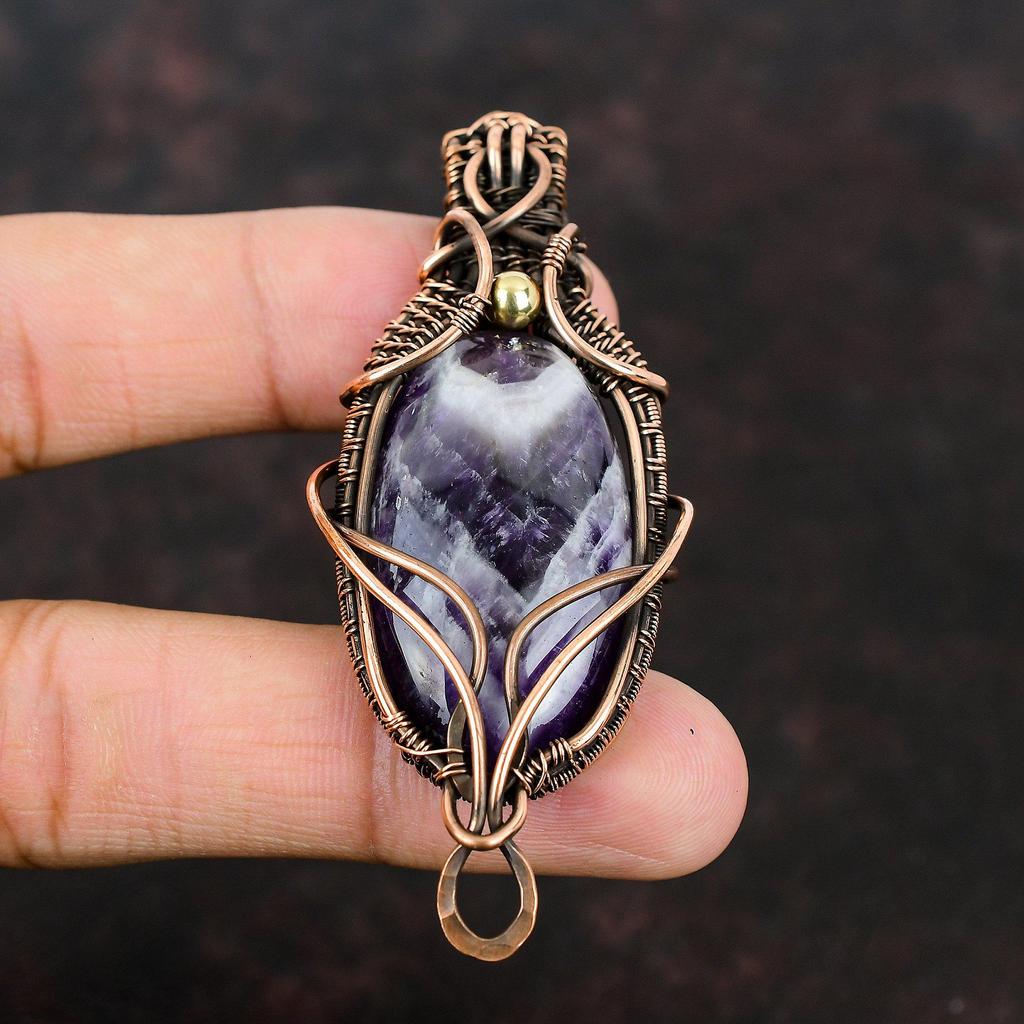 Chevron Amethyst Copper Pendant Copper Wire Wrapped Pendant Gemstone Designer Jewelry Copper Wire Pendant Handmade Jewelry Gift For Friend