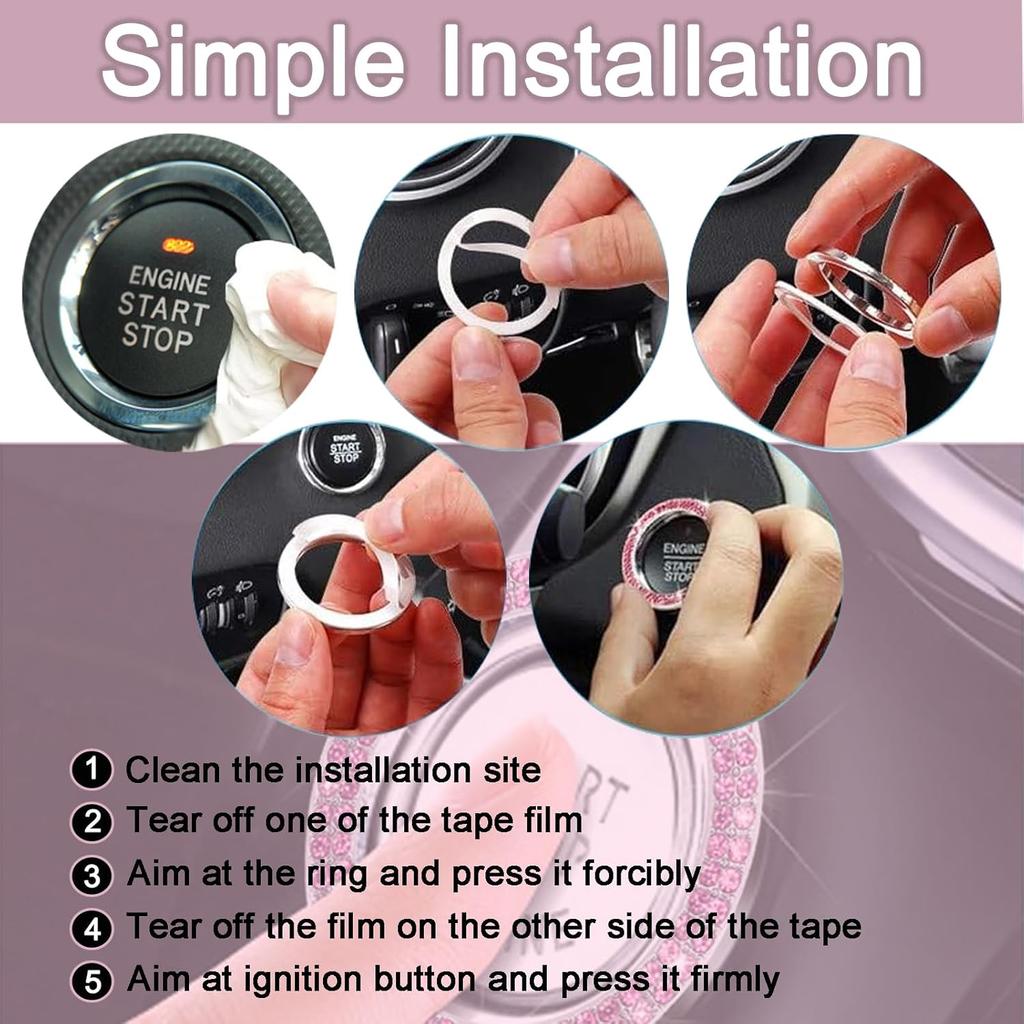 2 Pack Car Engine Start Stop Decoration Ring Pink, Crystal Decorative Ring Sticker Car Interior Accessories for Women, Automotive Pushbutton Switches