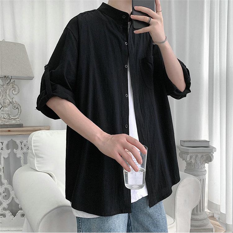2022 Summer New Casual Men's Shirt Cotton Solid Color Three Quarter Shirts For Men