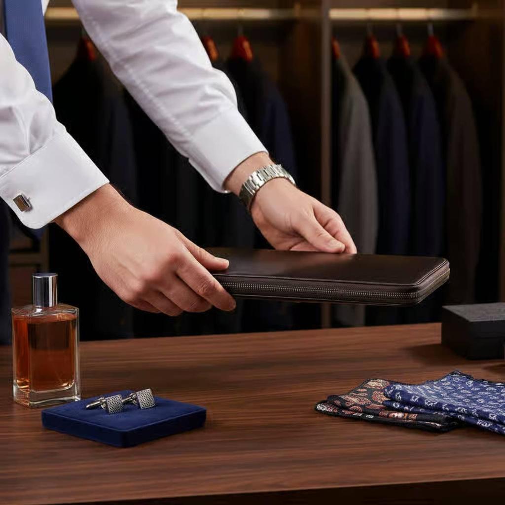 Travel Tie Case Portable Leather Necktie Storage Box for Business Commuters, Men