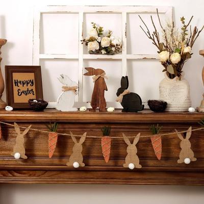 3 Pcs Vintage Easter Gifts Easter Decorations Rustic Easter Bunny Wooden Table Centerpiece Signs Farmhouse Wood Bunny Tiered Tray Decor for Table