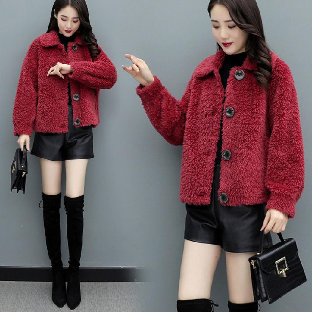 Women's Turn Down Collar Long Sleeve Cardigan Slim Fit Solid Fall Winter Faux Shearling Jacket