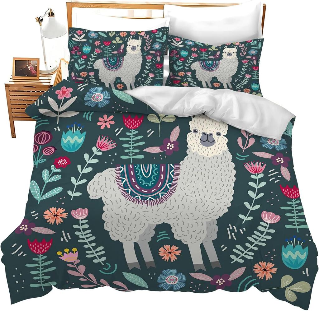 Alpacka Påslakan Queen King Size Tecknad Alpacka Sängkläder Set Lämpligt för Barn Tonårsflickor Sött Djurtryck Täckeöverdrag 3 Delar