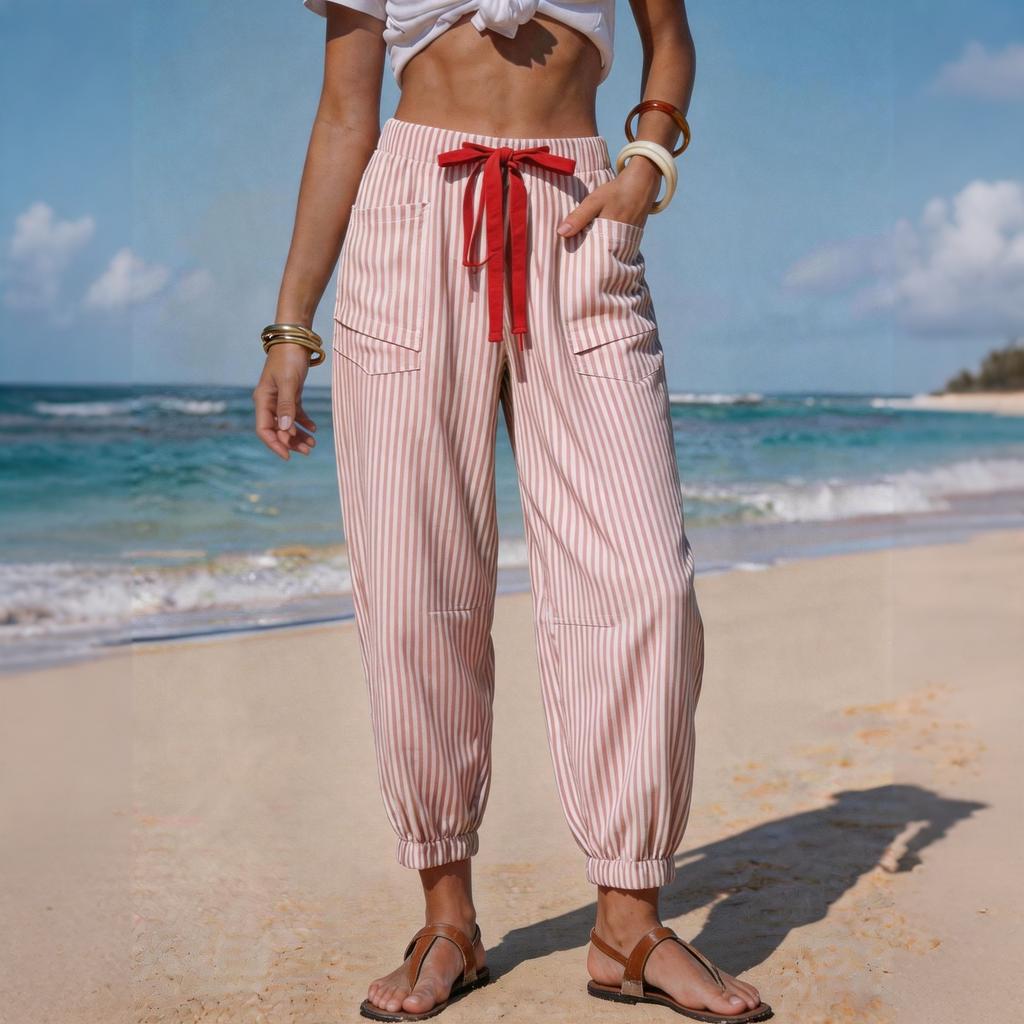 Pantaloni Casual a Righe da Donna con Coulisse in Vita e Tasche, Leggeri, Polsini Elasticizzati, Lunghezza alla Caviglia, Pantaloni Jogger