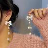 Korean Simple Imitation Pearl White Bowknot Long Tassel Earring for Women Personality Geometry Ear Jewelry Korean Fashion