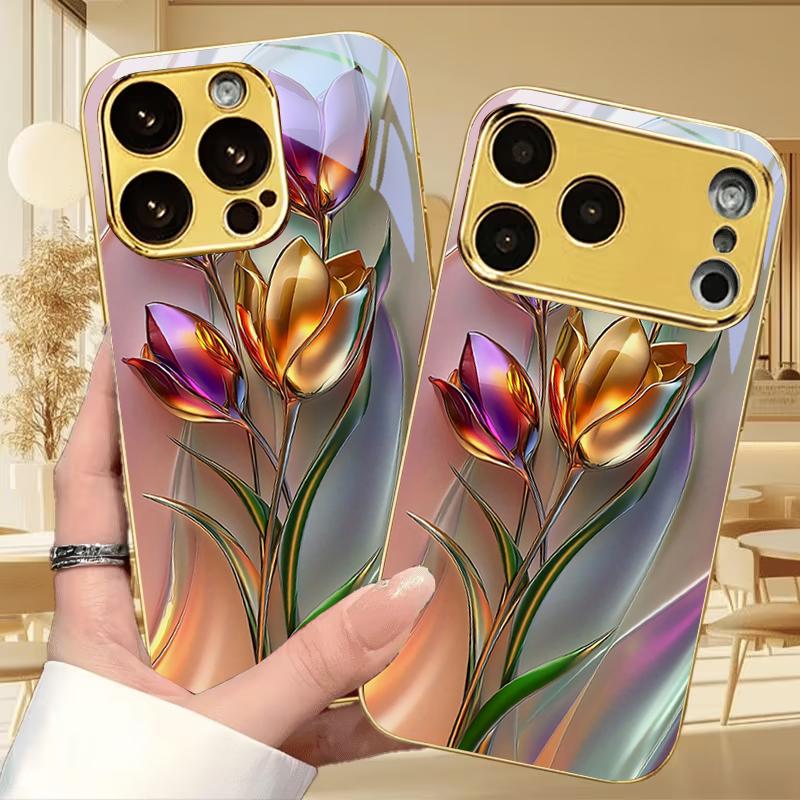 Glossy Metallic Flower Electroplated Golden Phone Case For iPhone 17 16 15 14 13 12 11 Pro Max Plus 16E 17Air 7 8 X Glass Cover
