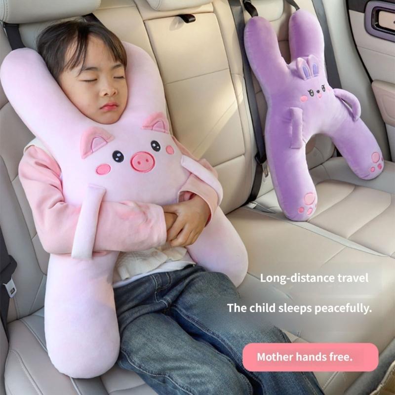 Children Car Seat Travel Pillow with H-Shaped Plush Side Handle Design, Soft Cushioned Filling and Top Loop for Child Ride Trip