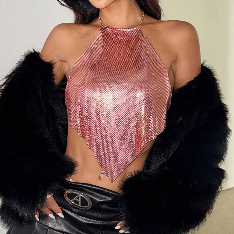 Metallic Sequin Crop Top For Women With Halter Neck Streetwear