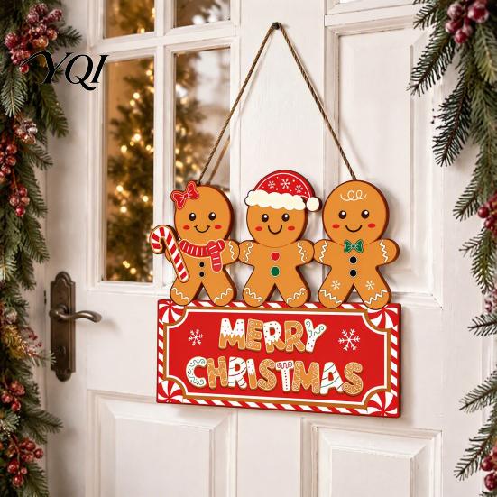 Christmas Gingerbread Man Sign Wooden Hanging for Front Door, Merry Decorative Wood Plaque with Lanyard, Holiday Wall Decoration Home Party