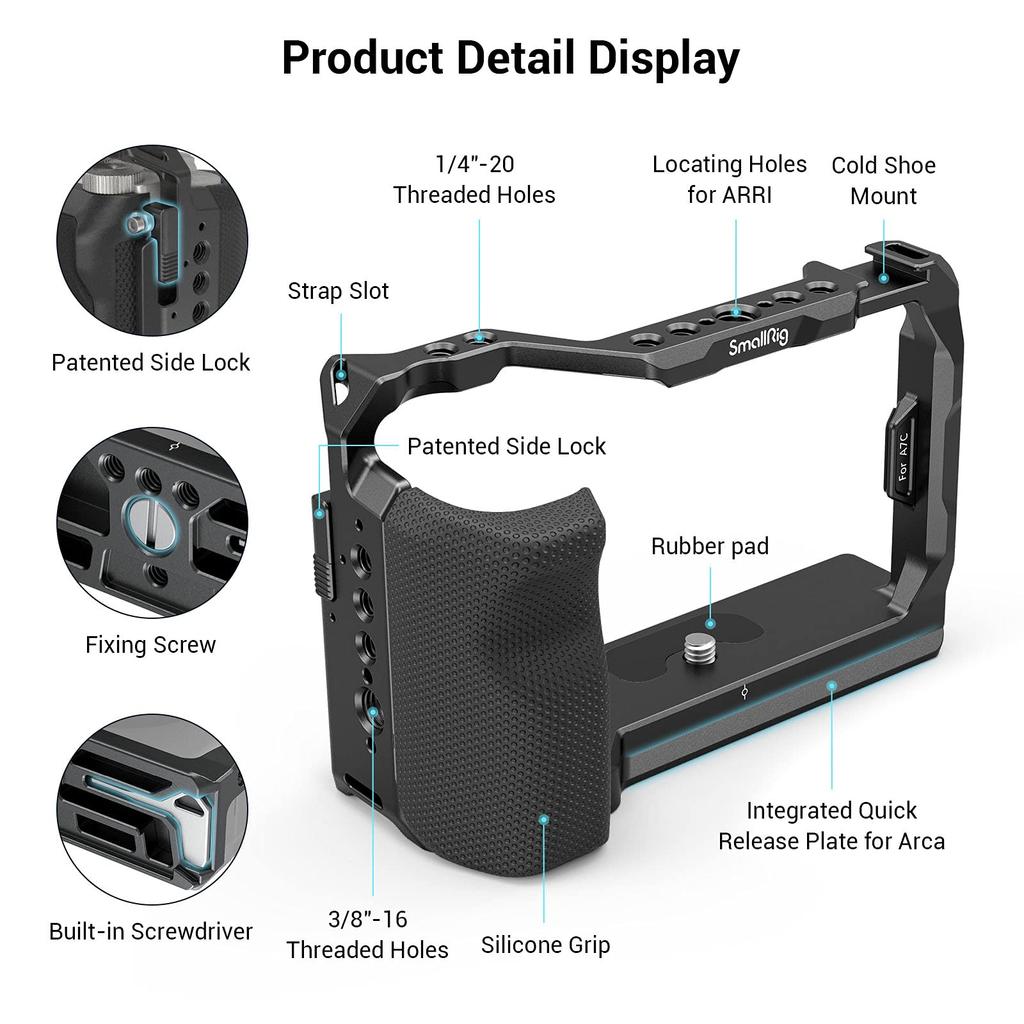 SMALLRIG 3212 Camera Cage for Sony A7C with Silicone Side Handle Arca-Swiss Base Cold Shoe 1/4 3/8 Video Rig