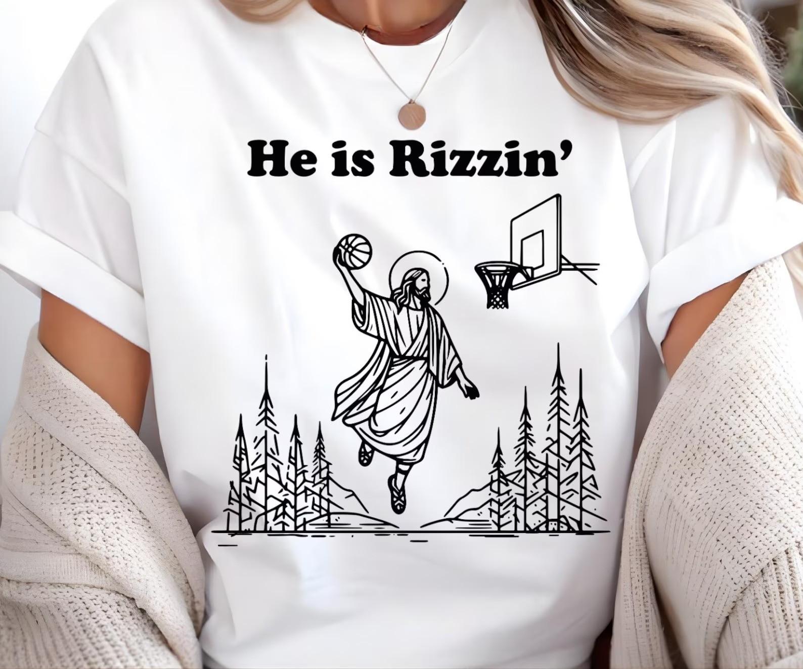 He Is Rizzin Jesus Basketball T-Shirt Funny Christian Easter Graphic Meme Tee XL