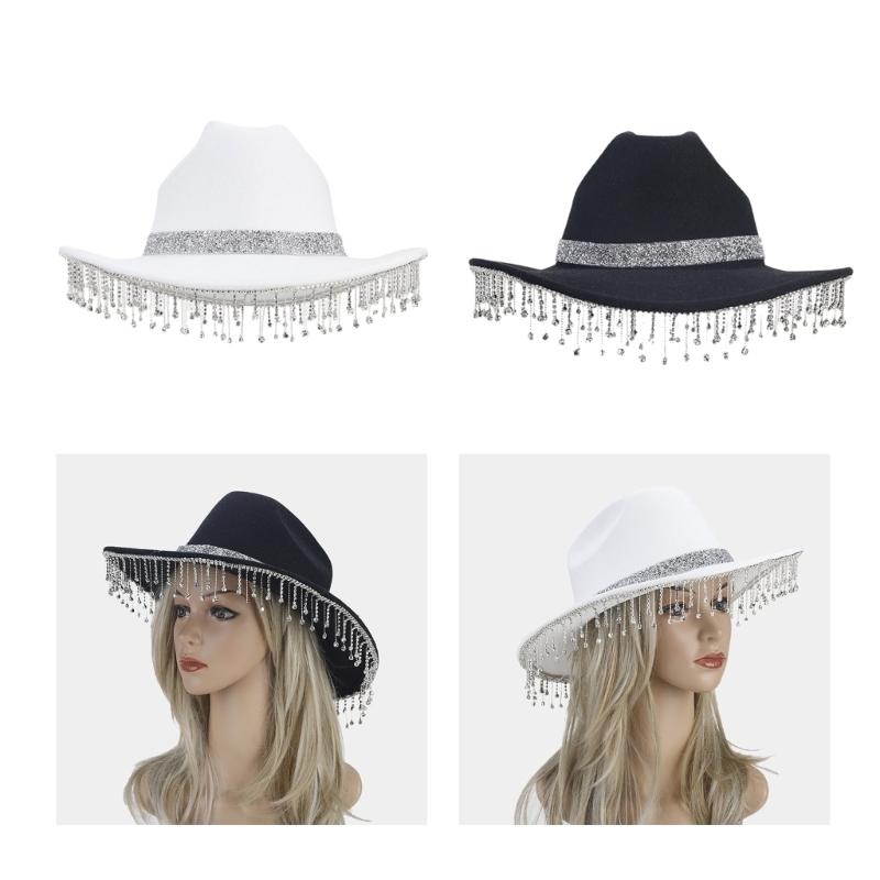 Lightweight Fedoras Hat Woman Men Felt Ladies Cowboy Hat Party Rhinestone Western Party Hat Bonnet Men Windproof Hat