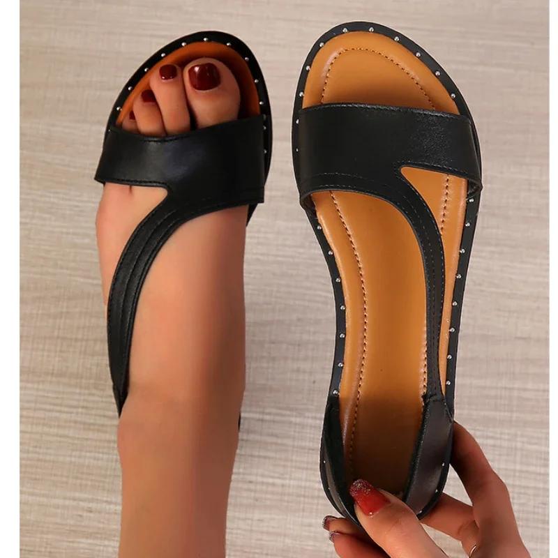 Fashion Shoes for Women 2024 High Quality Slip on Women's Sandals Summer Outdoor Solid Open Toe Low-heeled Roman Beach Sandals Women