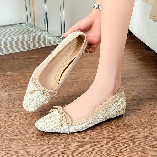 

Fashion Women Autumn Square Toe French Bow Flats Elevator Canvas Shoes Luxury Breathable Slip On Dress Shoes for Women 40 абрикосовый
