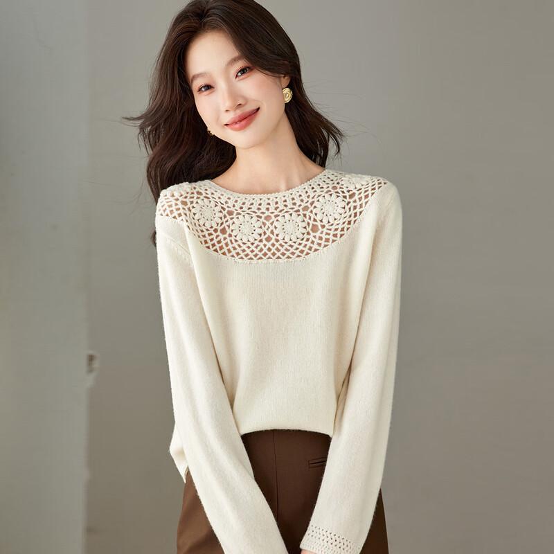 Srcr Women's 100% Merino Wool Hand-Crocheted Knit Sweater