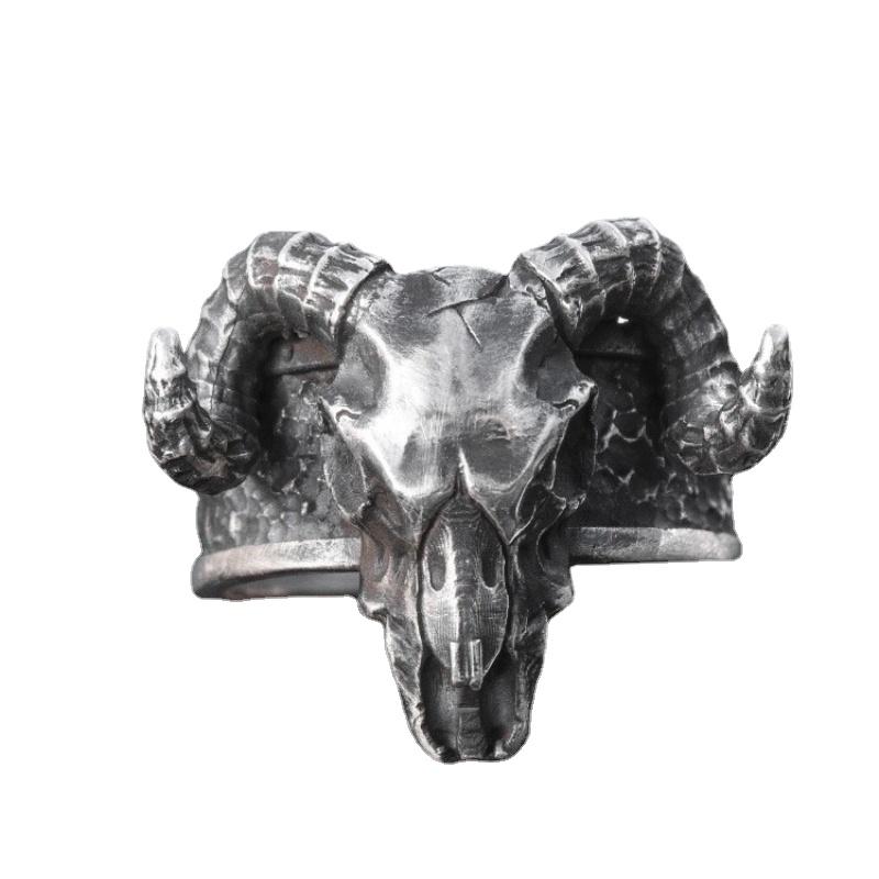 Vintage Punk Style Skull Sheep Head Ring Hip Hop Personalized Motorcycle Opening Adjustable Skull Ornament for Men and Women