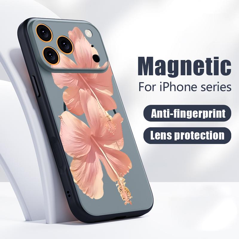Pink Hibiscus Flower Pattern For iPhone 17 Pro Max Funda iPhone 16 15 14 13 Pro Max Skin Feeling Magnetic For Magsafe Shockproof Bumper Cover