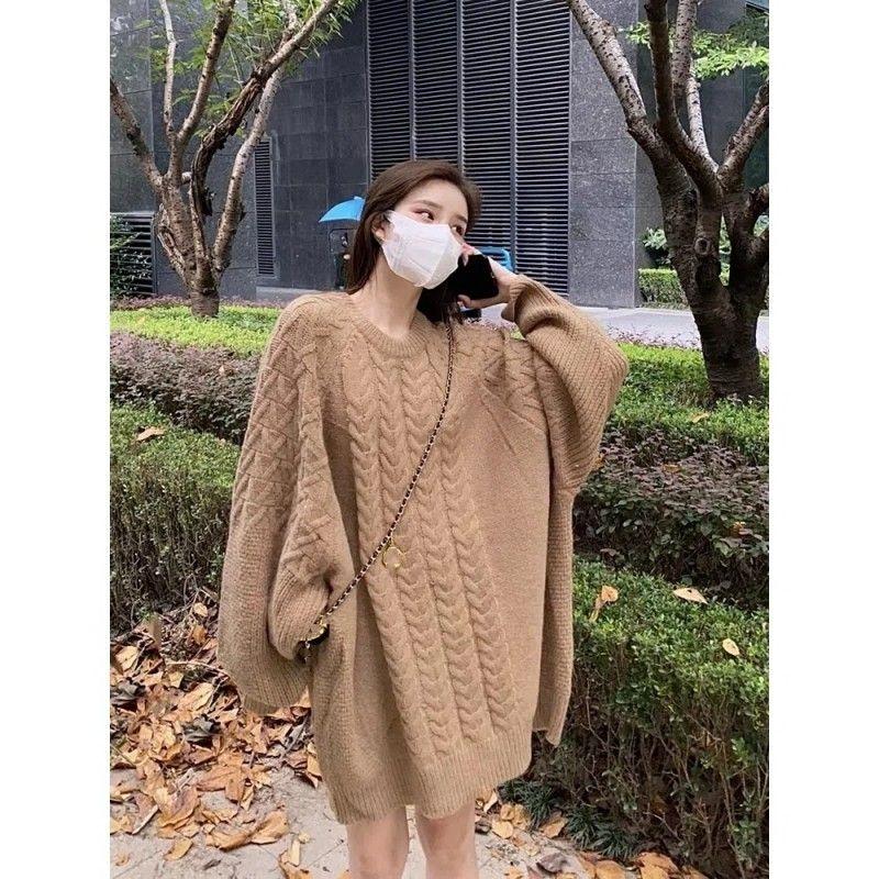 

Свитер большого размера в ленивом стиле, женский свитер средней длины с косами и круглым вырезом, женский пуловер, свободный, зимний 6XL