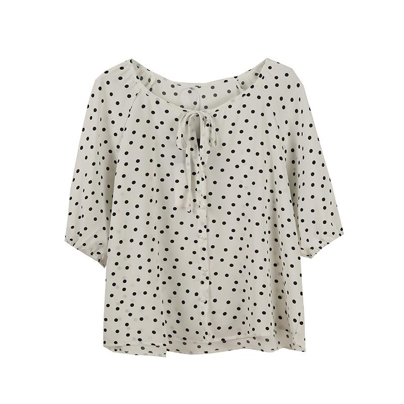 French temperament round neck polka dot shirt summer new niche shoulder sleeves thin cool top 261518