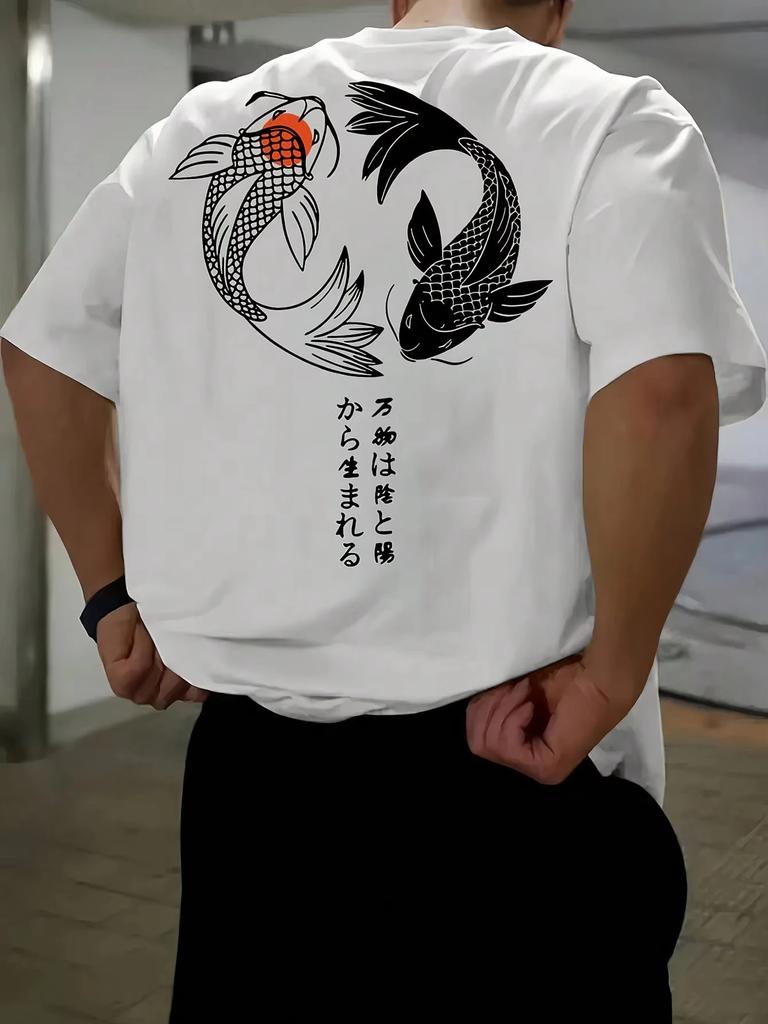 Japanese Koi Fish Harajuku Style Graphic Cotton T-Shirt for Men Summer Casual Fashion Loose Fit Short Sleeve Comfortable