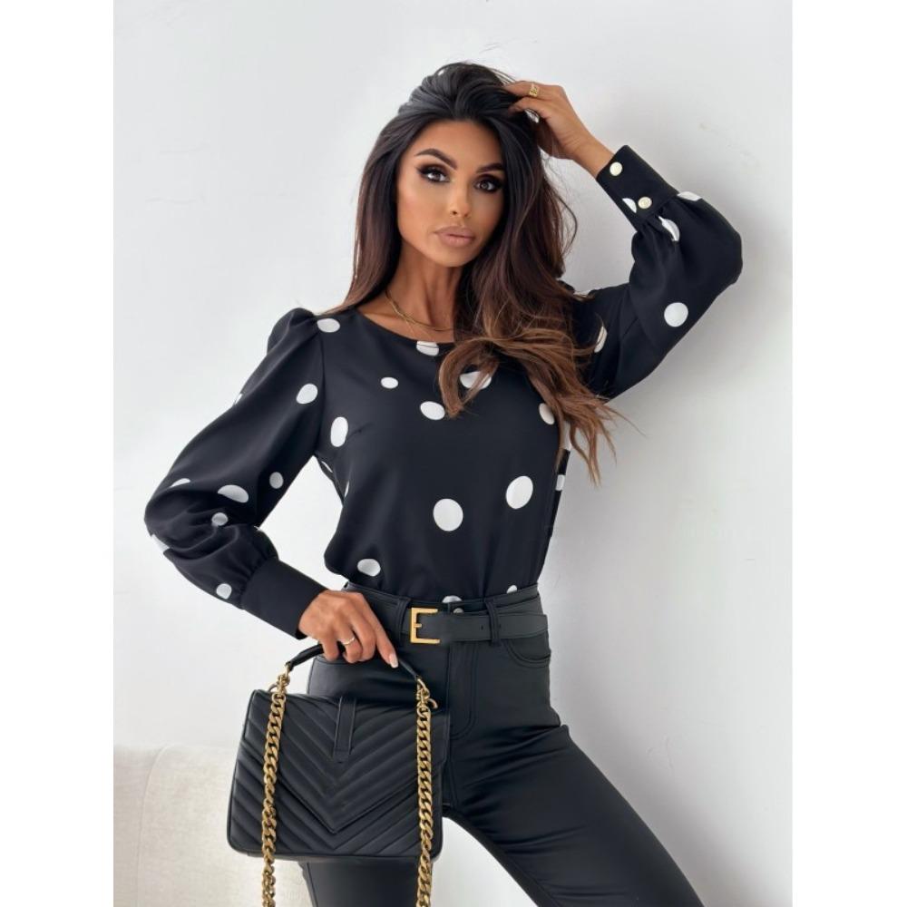 

JPNTKY Женская Мода Повседневные Осенне-Зимние Блузки и Рубашки с Длинным Рукавом и О-образным Вырезом в Горошек XXL чёрный