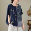 DIMANAF 2024 Verão Plus Size Mulheres Camisetas Estampa Floral Elegante Manga Patchwork Tops Tees Solto Casual Camisa de Linho 91688