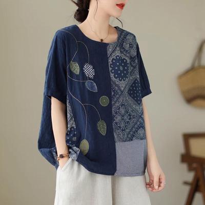 DIMANAF 2024 Verão Plus Size Mulheres Camisetas Estampa Floral Elegante Manga Patchwork Tops Tees Solto Casual Camisa de Linho 91688