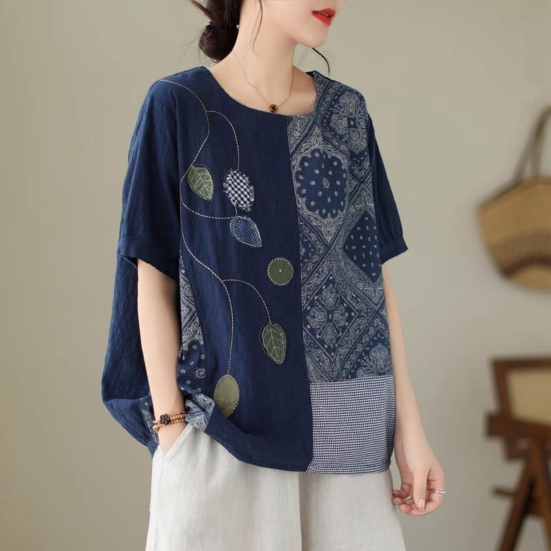 DIMANAF 2024 Verão Plus Size Mulheres Camisetas Estampa Floral Elegante Manga Patchwork Tops Tees Solto Casual Camisa de Linho 91688