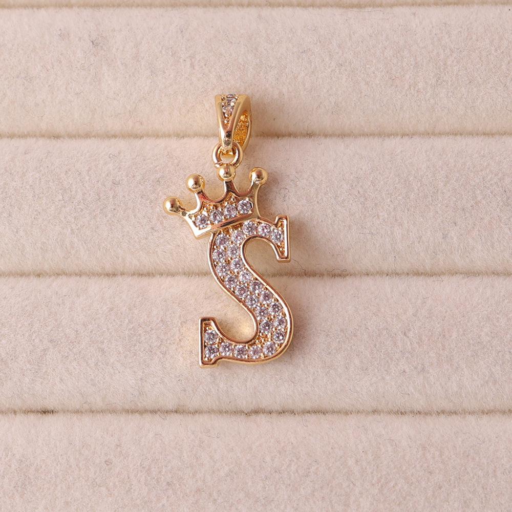 Gold-Plated Crown Rhinestone Letter Pendant Necklace